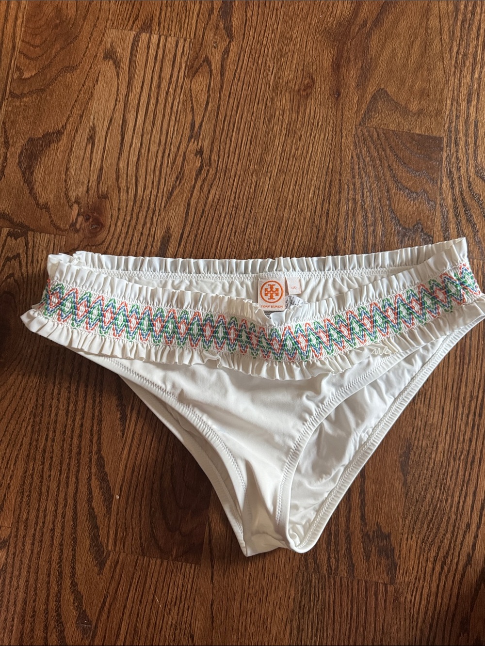 Tory Burch White Bikini Bottom with Multicolor Smocked Waistband / size L